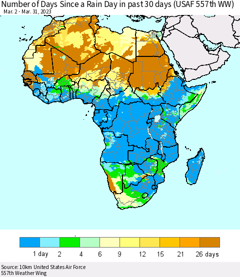Africa Number of Days Since a Rain Day in past 30 days (USAF 557th WW) Thematic Map For 3/26/2023 - 3/31/2023