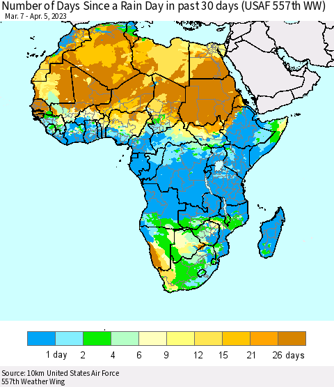 Africa Number of Days Since a Rain Day in past 30 days (USAF 557th WW) Thematic Map For 4/1/2023 - 4/5/2023