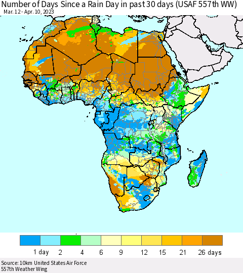 Africa Number of Days Since a Rain Day in past 30 days (USAF 557th WW) Thematic Map For 4/6/2023 - 4/10/2023