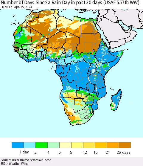 Africa Number of Days Since a Rain Day in past 30 days (USAF 557th WW) Thematic Map For 4/11/2023 - 4/15/2023