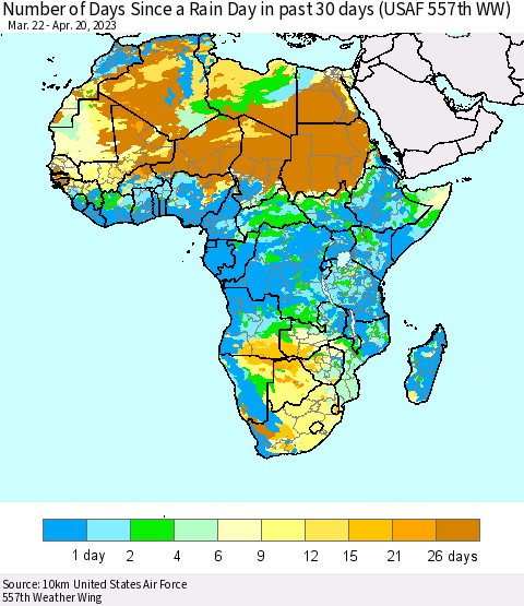 Africa Number of Days Since a Rain Day in past 30 days (USAF 557th WW) Thematic Map For 4/16/2023 - 4/20/2023