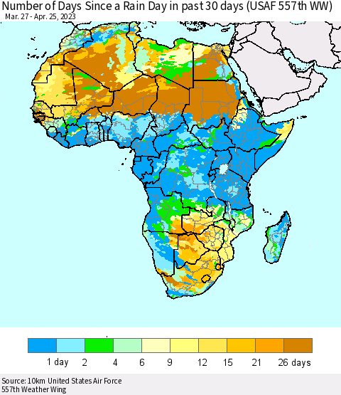 Africa Number of Days Since a Rain Day in past 30 days (USAF 557th WW) Thematic Map For 4/21/2023 - 4/25/2023