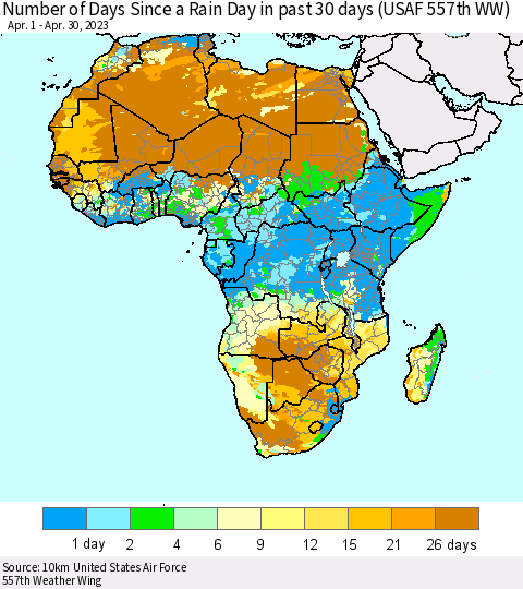 Africa Number of Days Since a Rain Day in past 30 days (USAF 557th WW) Thematic Map For 4/26/2023 - 4/30/2023