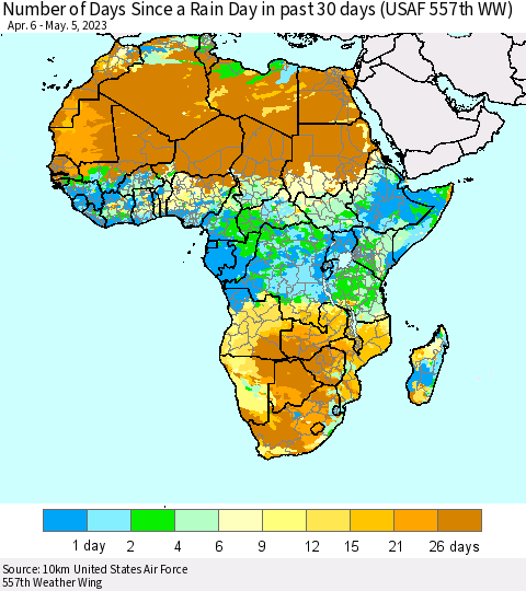 Africa Number of Days Since a Rain Day in past 30 days (USAF 557th WW) Thematic Map For 5/1/2023 - 5/5/2023