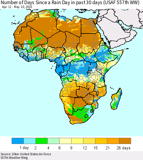 Africa Number of Days Since a Rain Day in past 30 days (USAF 557th WW) Thematic Map For 5/6/2023 - 5/10/2023