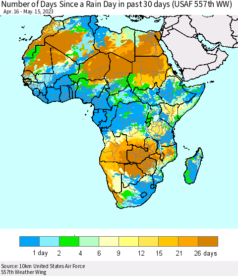 Africa Number of Days Since a Rain Day in past 30 days (USAF 557th WW) Thematic Map For 5/11/2023 - 5/15/2023