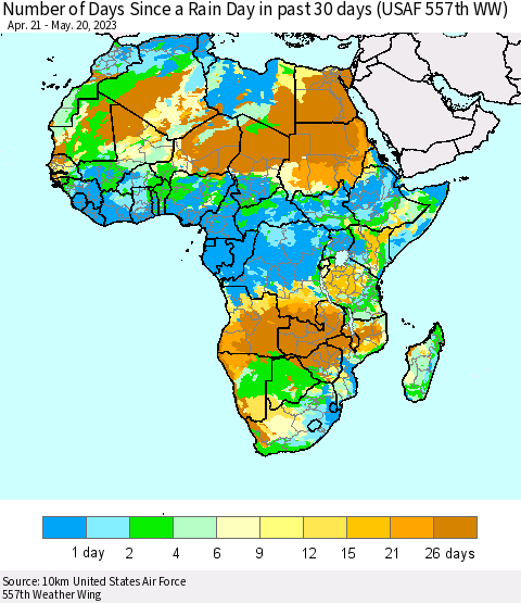 Africa Number of Days Since a Rain Day in past 30 days (USAF 557th WW) Thematic Map For 5/16/2023 - 5/20/2023