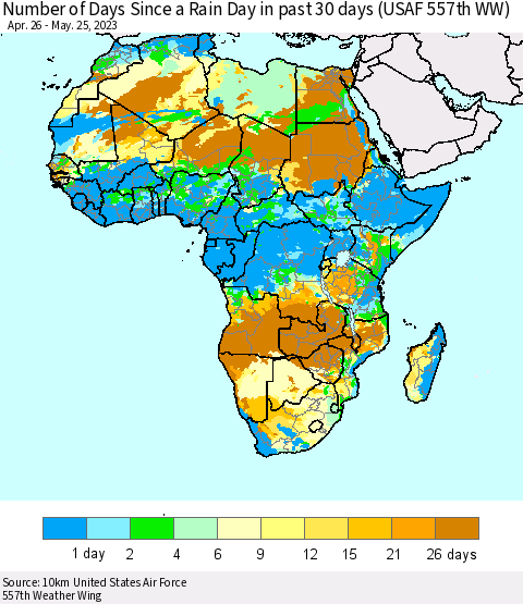Africa Number of Days Since a Rain Day in past 30 days (USAF 557th WW) Thematic Map For 5/21/2023 - 5/25/2023