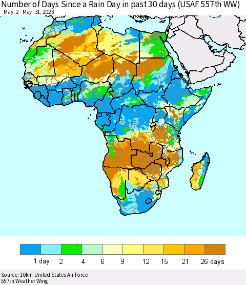 Africa Number of Days Since a Rain Day in past 30 days (USAF 557th WW) Thematic Map For 5/26/2023 - 5/31/2023