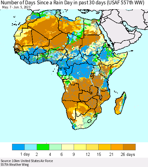 Africa Number of Days Since a Rain Day in past 30 days (USAF 557th WW) Thematic Map For 6/1/2023 - 6/5/2023