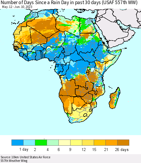 Africa Number of Days Since a Rain Day in past 30 days (USAF 557th WW) Thematic Map For 6/6/2023 - 6/10/2023
