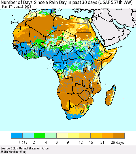 Africa Number of Days Since a Rain Day in past 30 days (USAF 557th WW) Thematic Map For 6/11/2023 - 6/15/2023