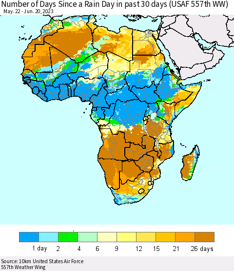 Africa Number of Days Since a Rain Day in past 30 days (USAF 557th WW) Thematic Map For 6/16/2023 - 6/20/2023