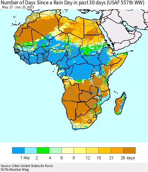 Africa Number of Days Since a Rain Day in past 30 days (USAF 557th WW) Thematic Map For 6/21/2023 - 6/25/2023