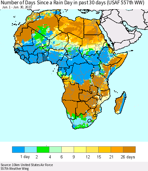 Africa Number of Days Since a Rain Day in past 30 days (USAF 557th WW) Thematic Map For 6/26/2023 - 6/30/2023