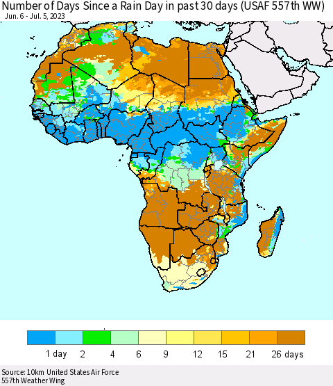 Africa Number of Days Since a Rain Day in past 30 days (USAF 557th WW) Thematic Map For 7/1/2023 - 7/5/2023