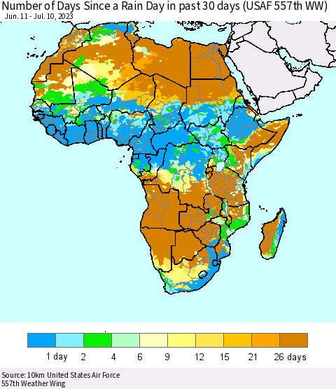 Africa Number of Days Since a Rain Day in past 30 days (USAF 557th WW) Thematic Map For 7/6/2023 - 7/10/2023