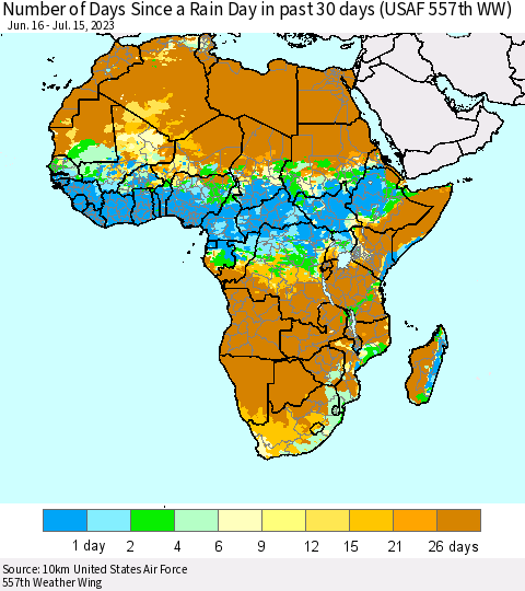 Africa Number of Days Since a Rain Day in past 30 days (USAF 557th WW) Thematic Map For 7/11/2023 - 7/15/2023