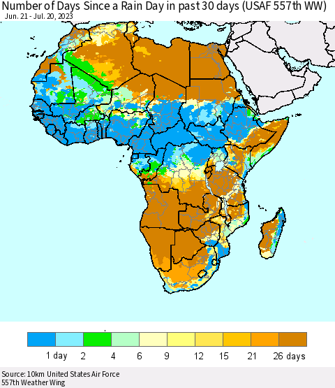 Africa Number of Days Since a Rain Day in past 30 days (USAF 557th WW) Thematic Map For 7/16/2023 - 7/20/2023