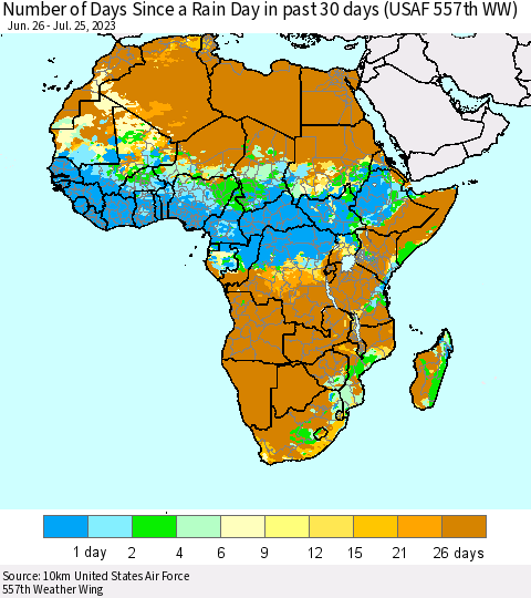 Africa Number of Days Since a Rain Day in past 30 days (USAF 557th WW) Thematic Map For 7/21/2023 - 7/25/2023