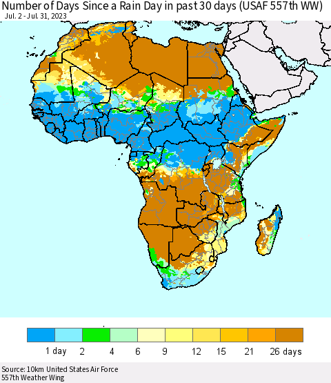 Africa Number of Days Since a Rain Day in past 30 days (USAF 557th WW) Thematic Map For 7/26/2023 - 7/31/2023