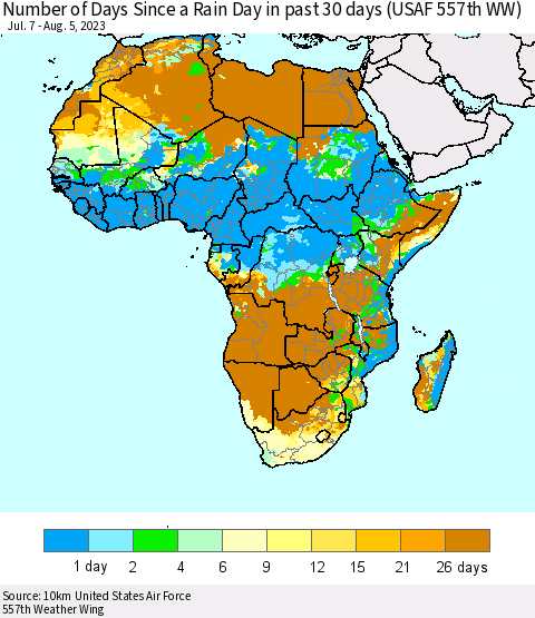 Africa Number of Days Since a Rain Day in past 30 days (USAF 557th WW) Thematic Map For 8/1/2023 - 8/5/2023