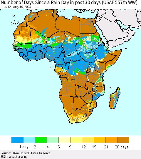 Africa Number of Days Since a Rain Day in past 30 days (USAF 557th WW) Thematic Map For 8/6/2023 - 8/10/2023