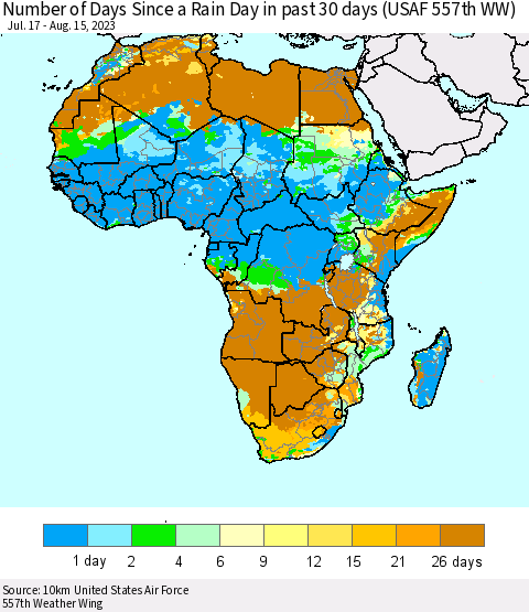 Africa Number of Days Since a Rain Day in past 30 days (USAF 557th WW) Thematic Map For 8/11/2023 - 8/15/2023