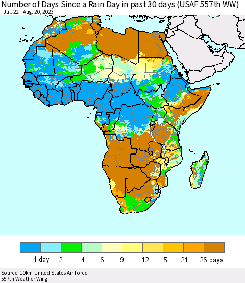 Africa Number of Days Since a Rain Day in past 30 days (USAF 557th WW) Thematic Map For 8/16/2023 - 8/20/2023