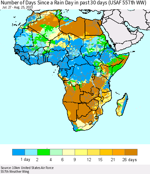 Africa Number of Days Since a Rain Day in past 30 days (USAF 557th WW) Thematic Map For 8/21/2023 - 8/25/2023