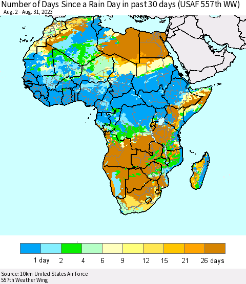 Africa Number of Days Since a Rain Day in past 30 days (USAF 557th WW) Thematic Map For 8/26/2023 - 8/31/2023