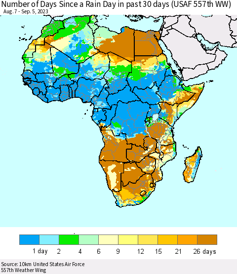 Africa Number of Days Since a Rain Day in past 30 days (USAF 557th WW) Thematic Map For 9/1/2023 - 9/5/2023