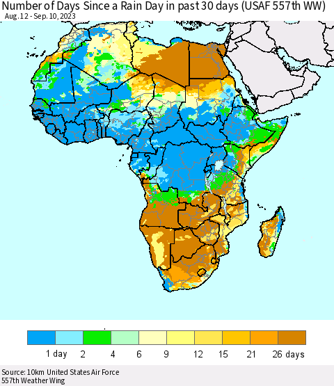 Africa Number of Days Since a Rain Day in past 30 days (USAF 557th WW) Thematic Map For 9/6/2023 - 9/10/2023