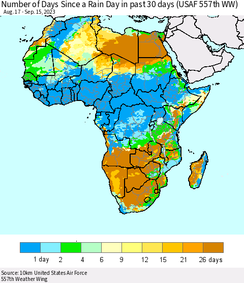 Africa Number of Days Since a Rain Day in past 30 days (USAF 557th WW) Thematic Map For 9/11/2023 - 9/15/2023