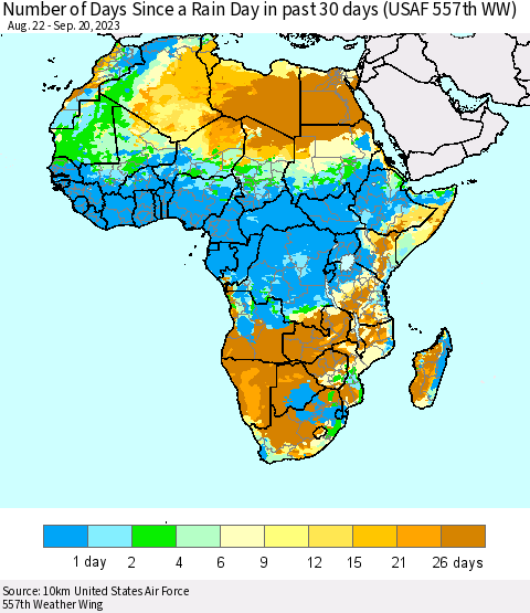 Africa Number of Days Since a Rain Day in past 30 days (USAF 557th WW) Thematic Map For 9/16/2023 - 9/20/2023