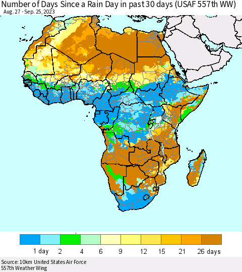Africa Number of Days Since a Rain Day in past 30 days (USAF 557th WW) Thematic Map For 9/21/2023 - 9/25/2023