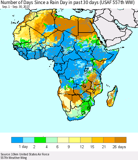 Africa Number of Days Since a Rain Day in past 30 days (USAF 557th WW) Thematic Map For 9/26/2023 - 9/30/2023