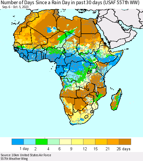 Africa Number of Days Since a Rain Day in past 30 days (USAF 557th WW) Thematic Map For 10/1/2023 - 10/5/2023