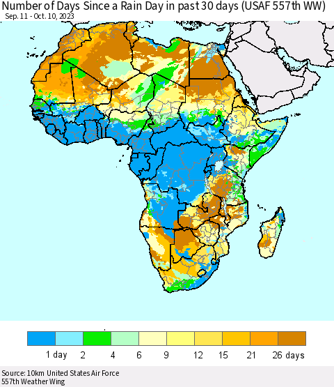 Africa Number of Days Since a Rain Day in past 30 days (USAF 557th WW) Thematic Map For 10/6/2023 - 10/10/2023