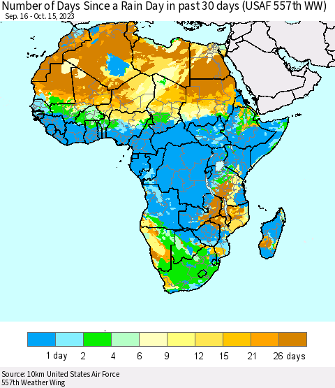 Africa Number of Days Since a Rain Day in past 30 days (USAF 557th WW) Thematic Map For 10/11/2023 - 10/15/2023