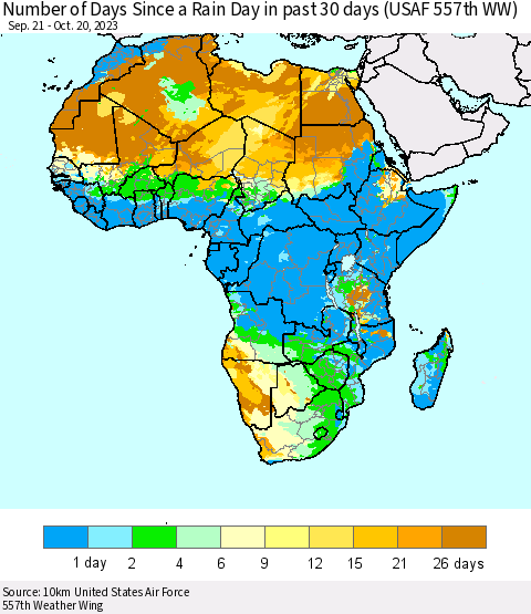 Africa Number of Days Since a Rain Day in past 30 days (USAF 557th WW) Thematic Map For 10/16/2023 - 10/20/2023