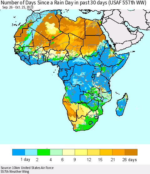 Africa Number of Days Since a Rain Day in past 30 days (USAF 557th WW) Thematic Map For 10/21/2023 - 10/25/2023