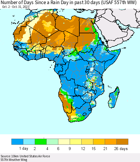 Africa Number of Days Since a Rain Day in past 30 days (USAF 557th WW) Thematic Map For 10/26/2023 - 10/31/2023