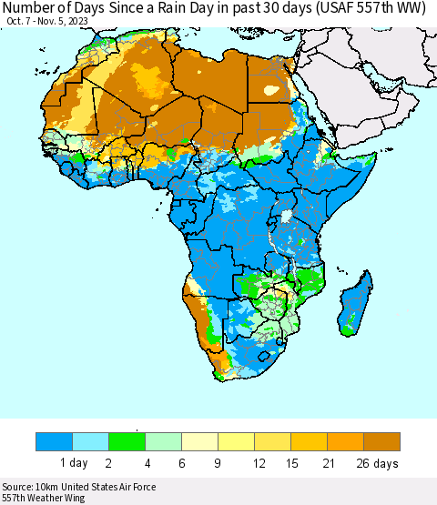 Africa Number of Days Since a Rain Day in past 30 days (USAF 557th WW) Thematic Map For 11/1/2023 - 11/5/2023
