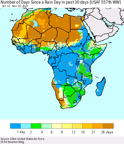 Africa Number of Days Since a Rain Day in past 30 days (USAF 557th WW) Thematic Map For 11/6/2023 - 11/10/2023