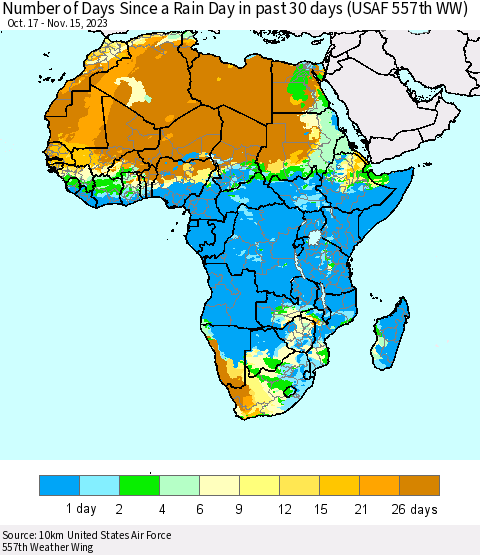Africa Number of Days Since a Rain Day in past 30 days (USAF 557th WW) Thematic Map For 11/11/2023 - 11/15/2023