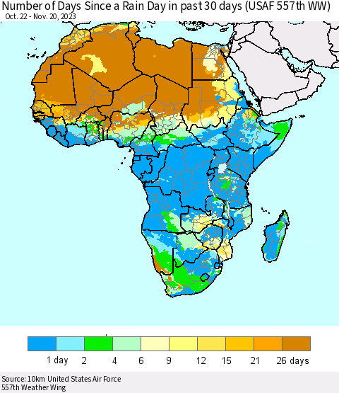 Africa Number of Days Since a Rain Day in past 30 days (USAF 557th WW) Thematic Map For 11/16/2023 - 11/20/2023