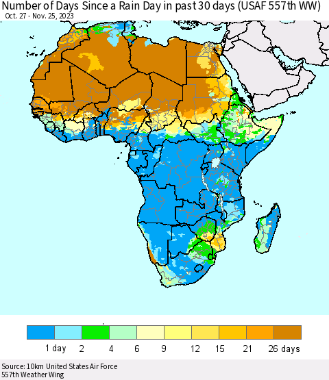 Africa Number of Days Since a Rain Day in past 30 days (USAF 557th WW) Thematic Map For 11/21/2023 - 11/25/2023