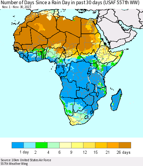 Africa Number of Days Since a Rain Day in past 30 days (USAF 557th WW) Thematic Map For 11/26/2023 - 11/30/2023