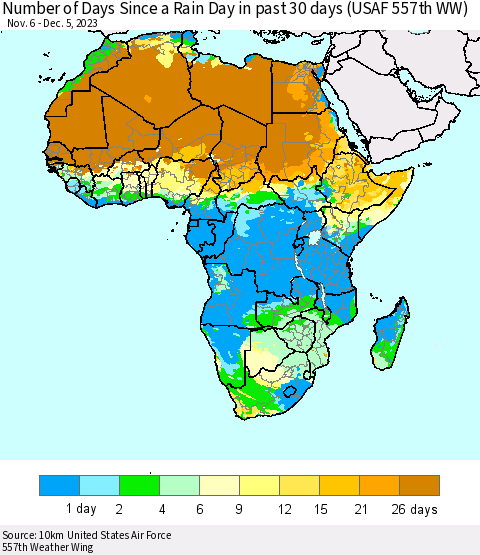 Africa Number of Days Since a Rain Day in past 30 days (USAF 557th WW) Thematic Map For 12/1/2023 - 12/5/2023